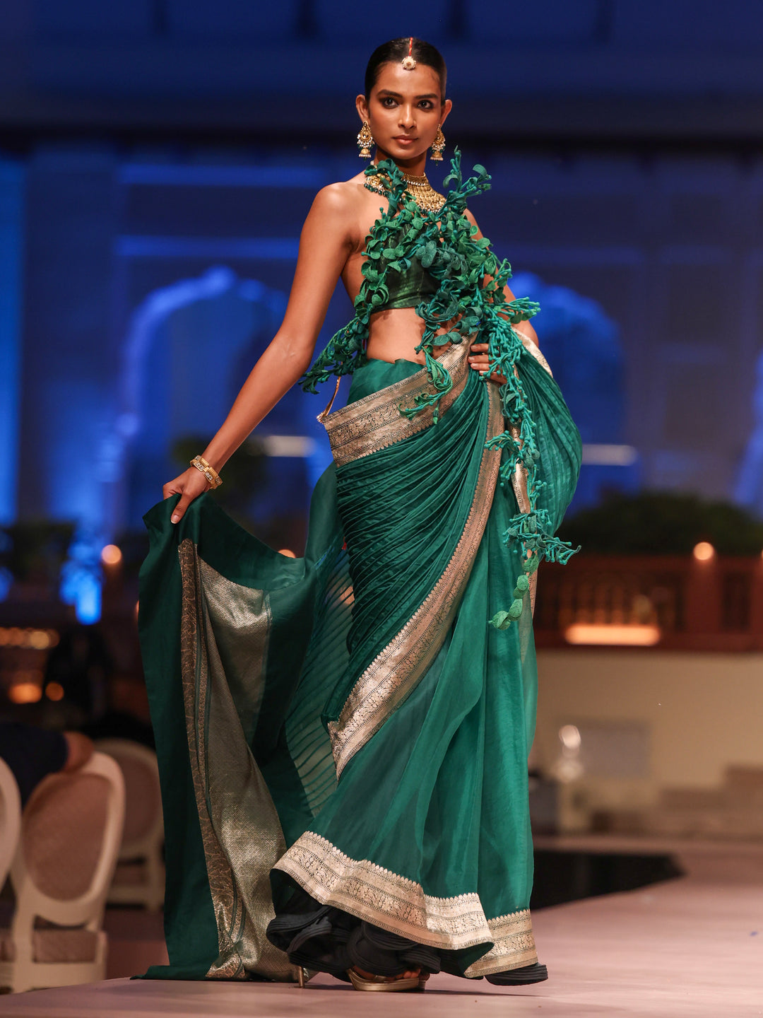 Deep Green Corded Banarasi Saree & Leaf Blouse