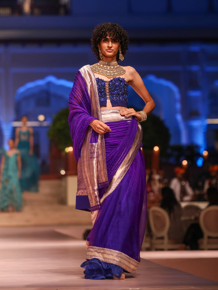 Ink Blue Corded Banarasi Saree