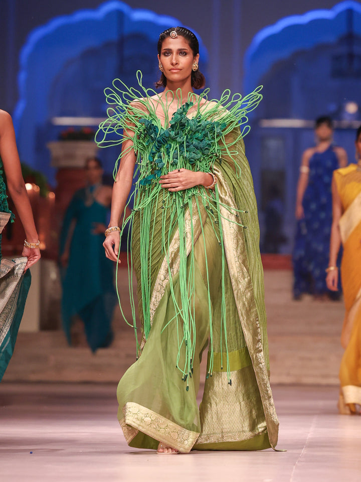 Green Corded Banarasi Saree Set