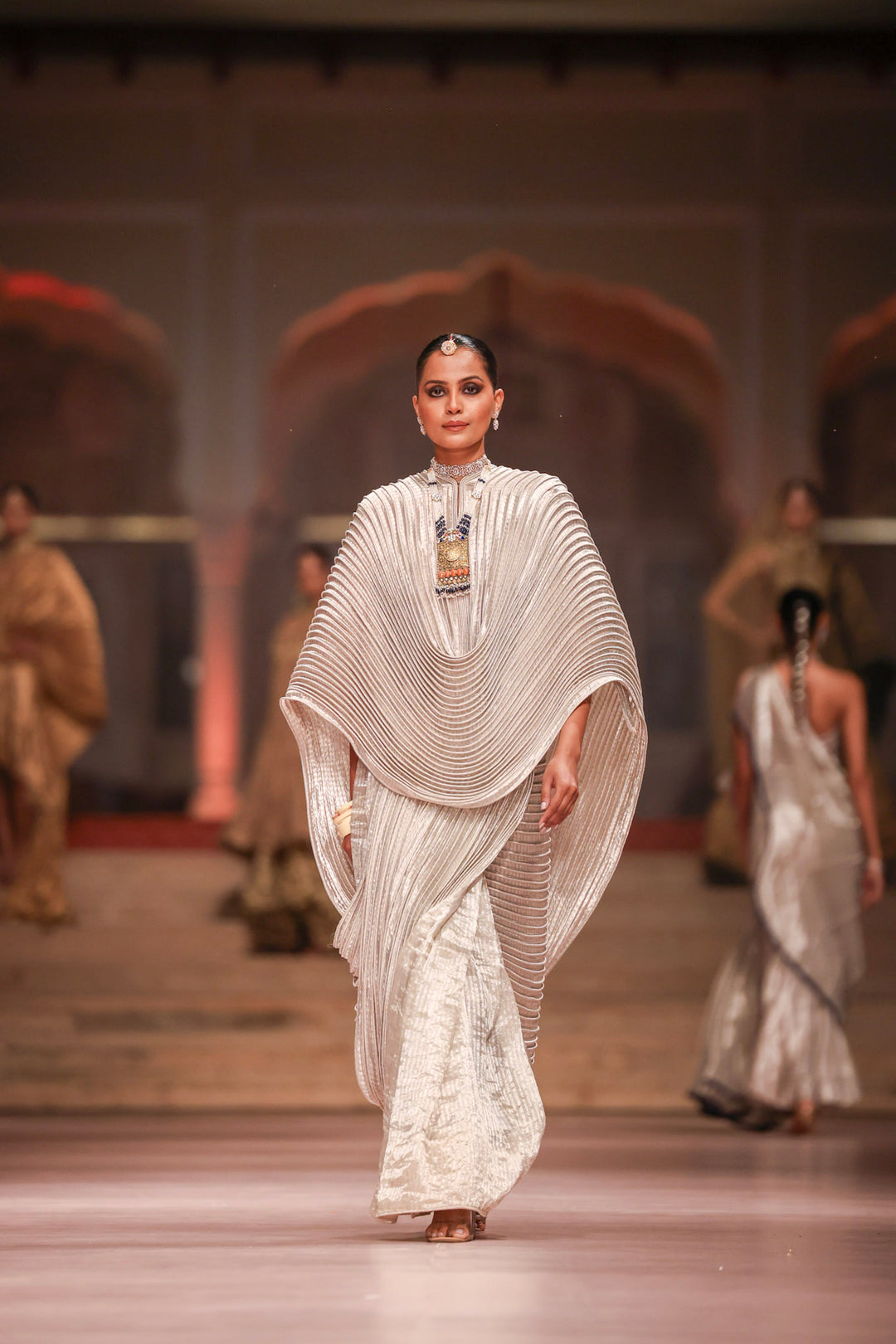 Metallic Silver Saree & Corded Dupatta Cape