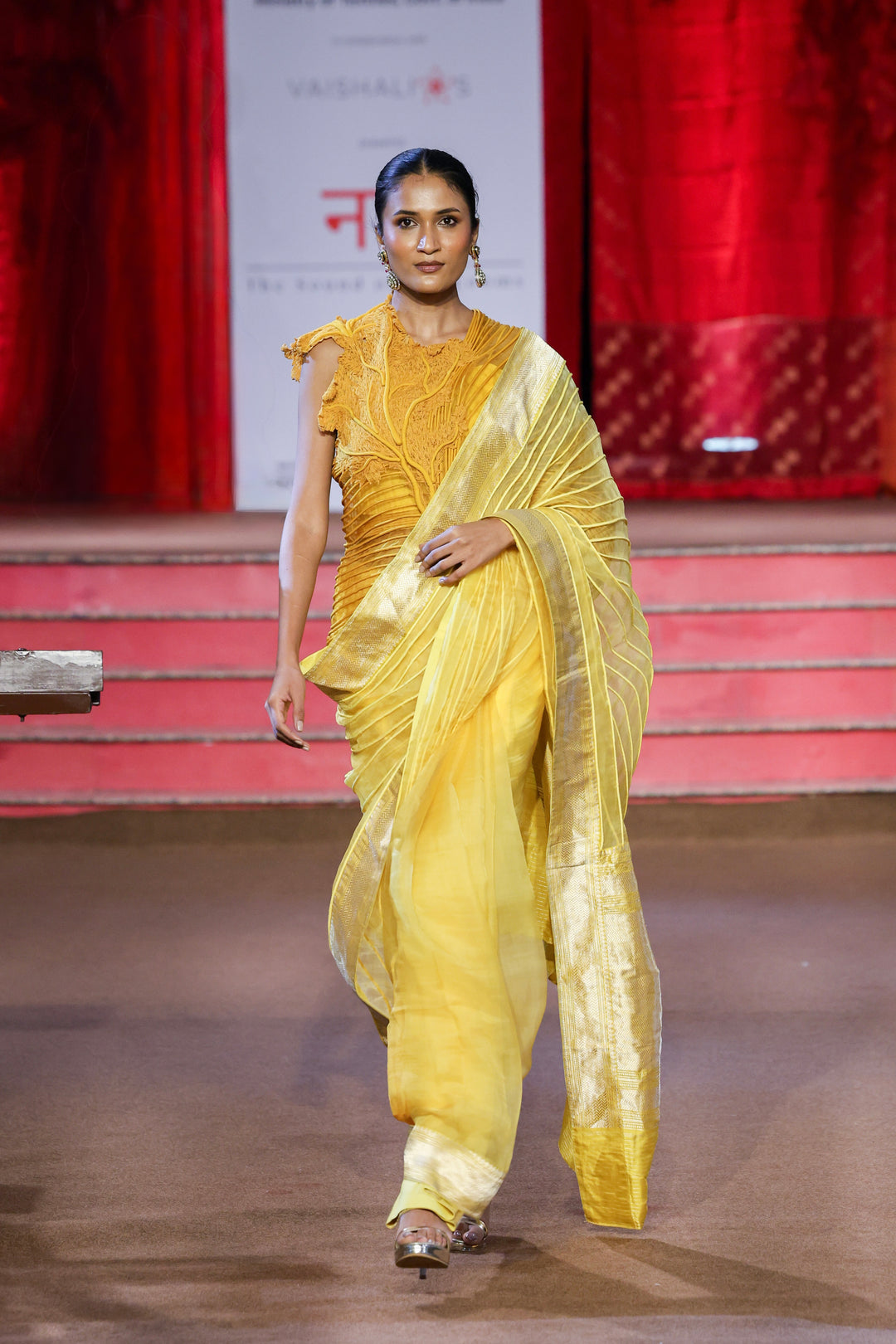 SUN KISSED YELLOW CORAL TOP & BANARASI CORDED SAREE