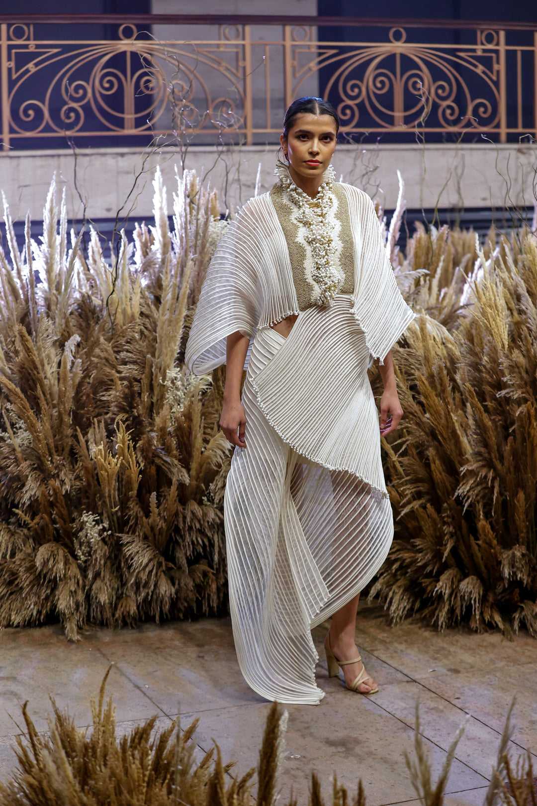 Embroidered Corded Cape Dress