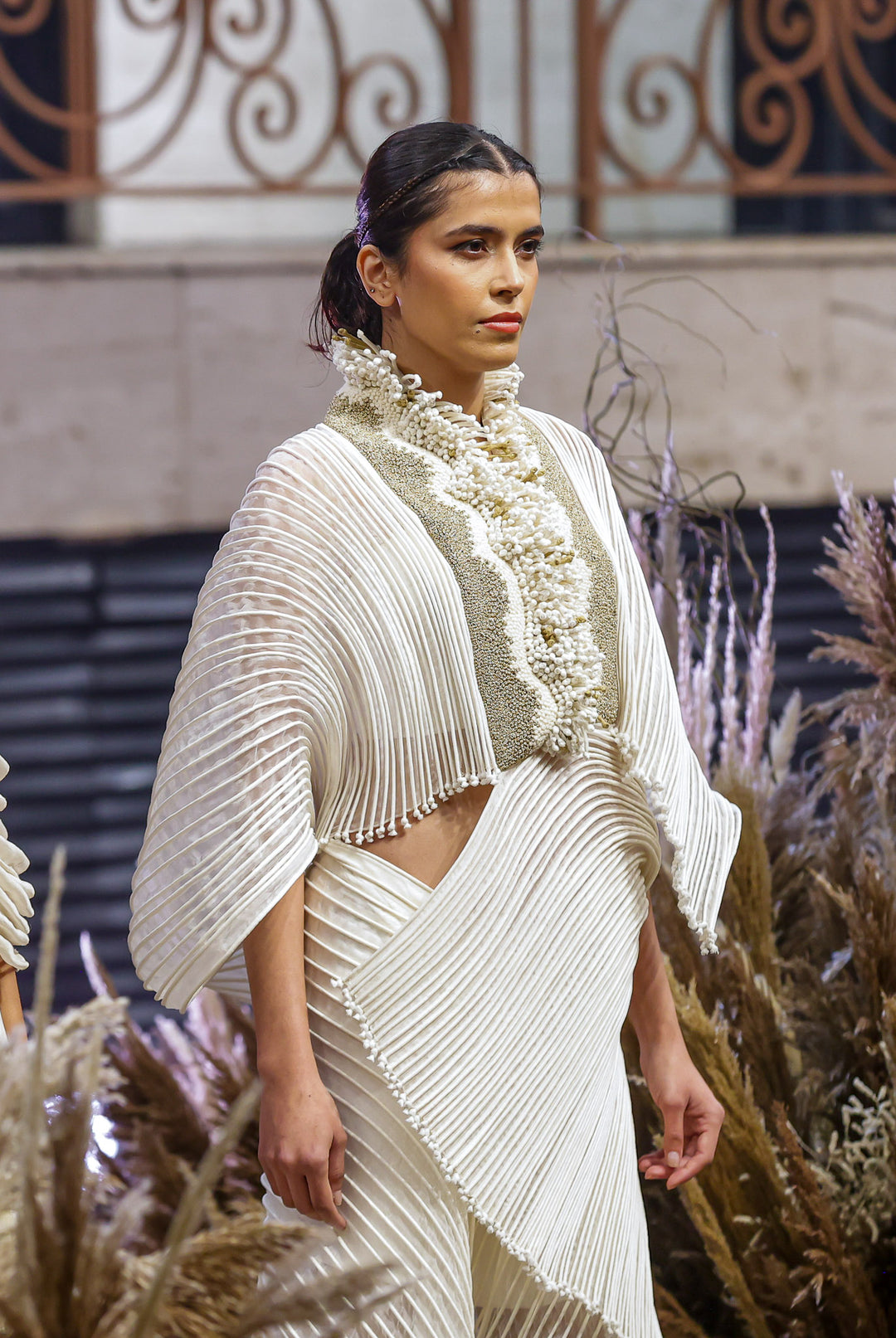 Embroidered Corded Cape Dress