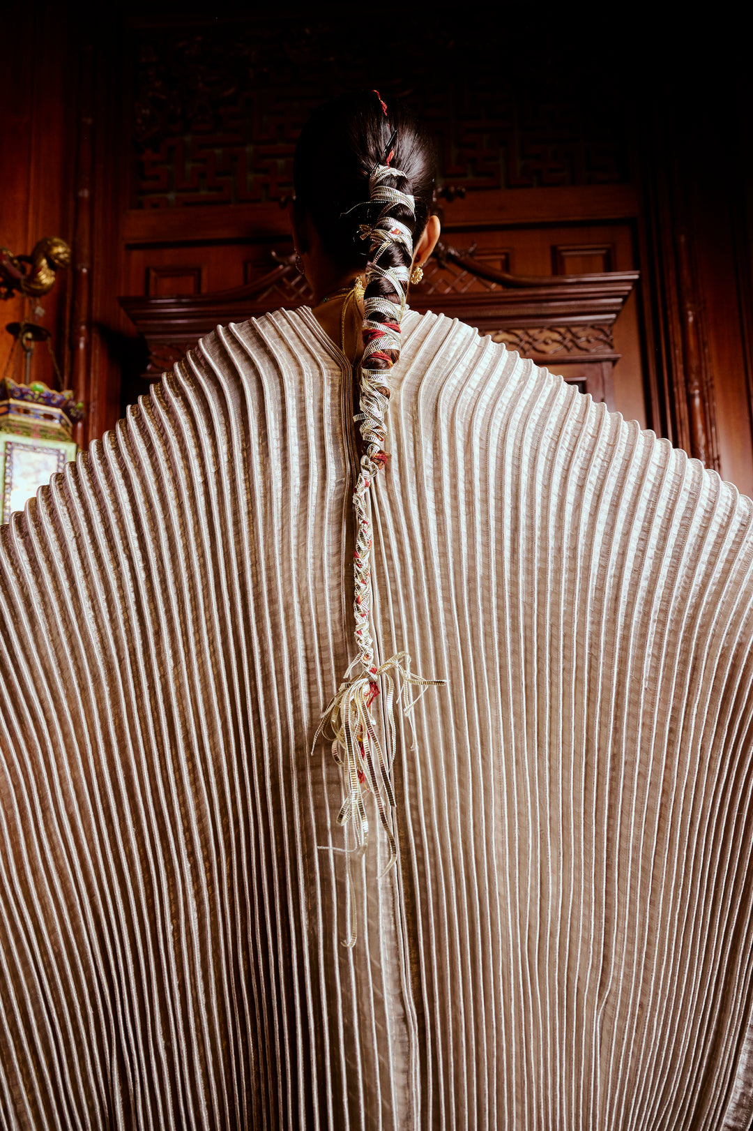 Metallic Silver Saree & Corded Dupatta Cape
