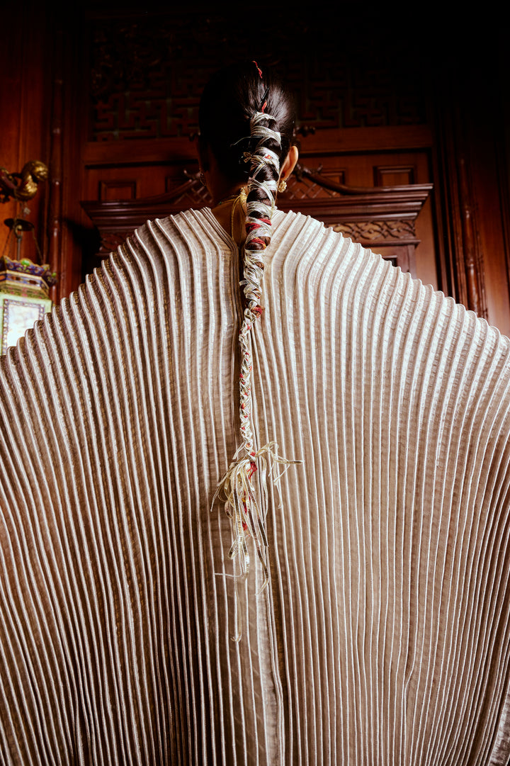 Metallic Silver Saree & Corded Dupatta Cape