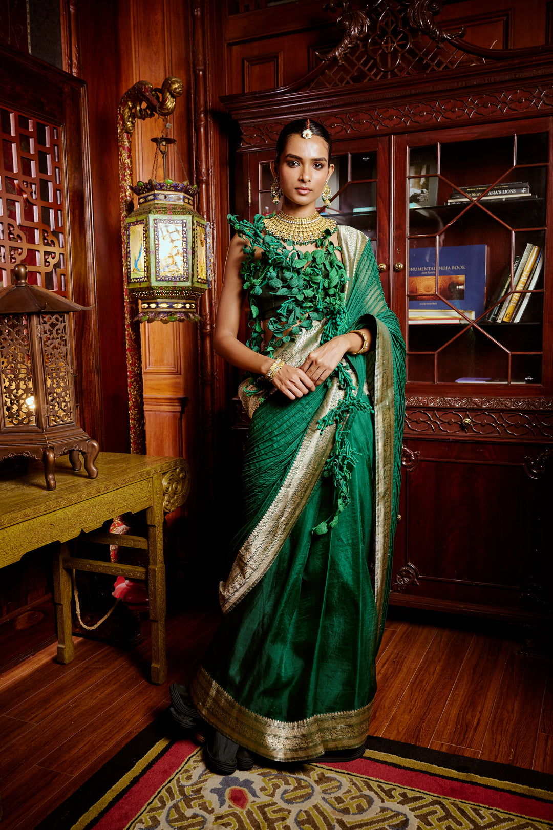 Deep Green Corded Banarasi Saree & Leaf Blouse