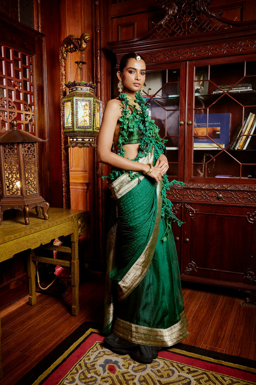 Deep Green Corded Banarasi Saree & Leaf Blouse