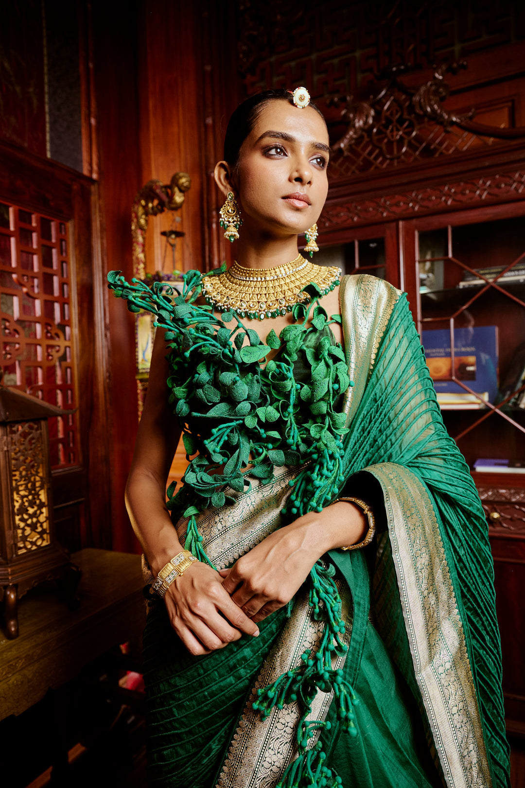 Deep Green Corded Banarasi Saree & Leaf Blouse