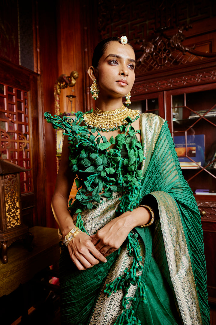 Deep Green Corded Banarasi Saree & Leaf Blouse