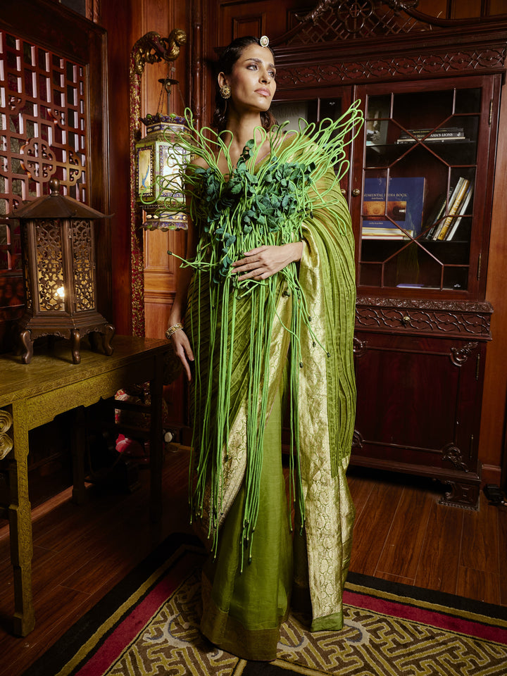 Green Corded Banarasi Saree Set