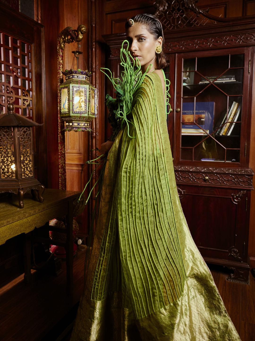 Green Corded Banarasi Saree Set