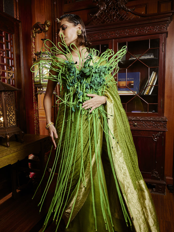 Green Corded Banarasi Saree Set