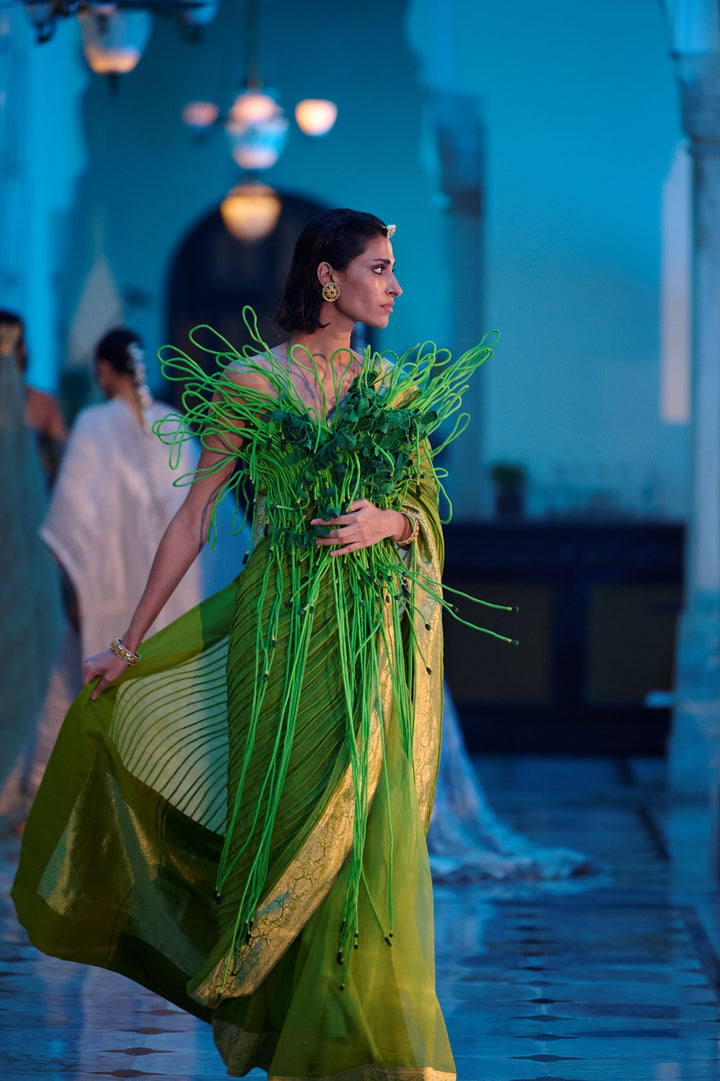 Green Corded Banarasi Saree Set
