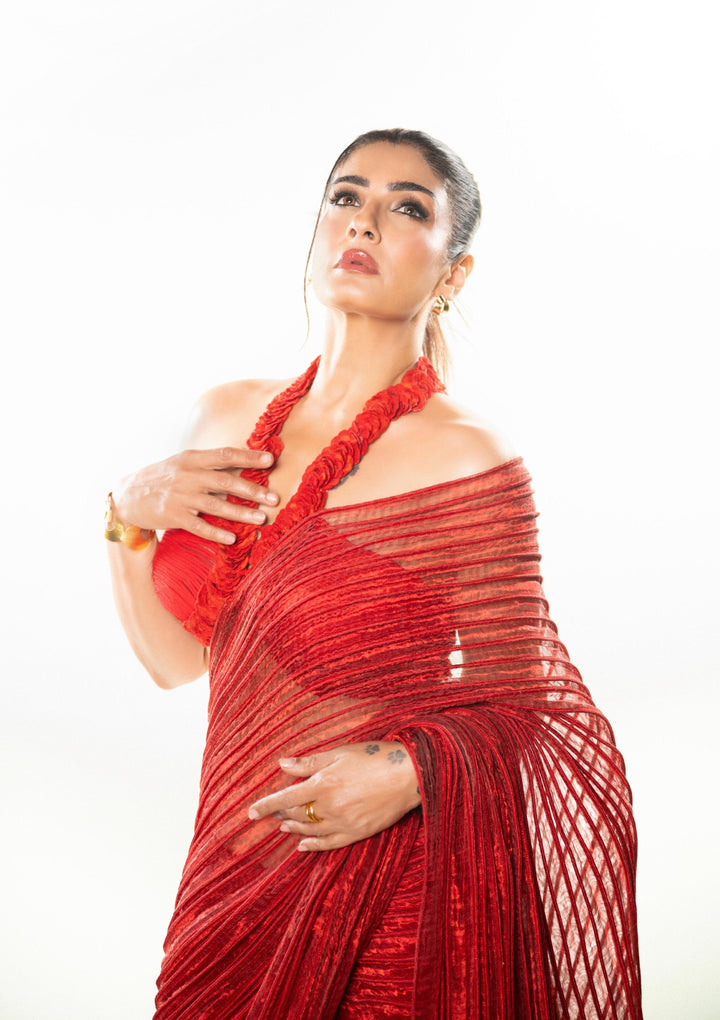 Metallic Silk Red Corded Saree