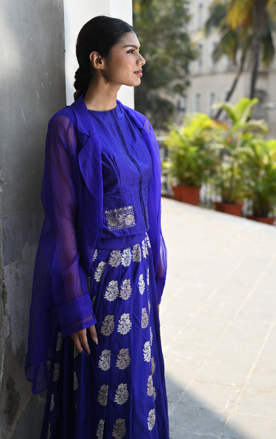 INK BLUE BANARASI TOP, SKIRT & JACKET SET