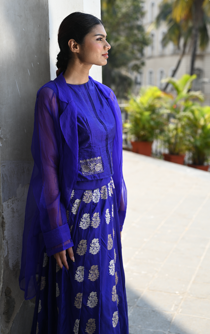 INK BLUE BANARASI TOP, SKIRT & JACKET SET