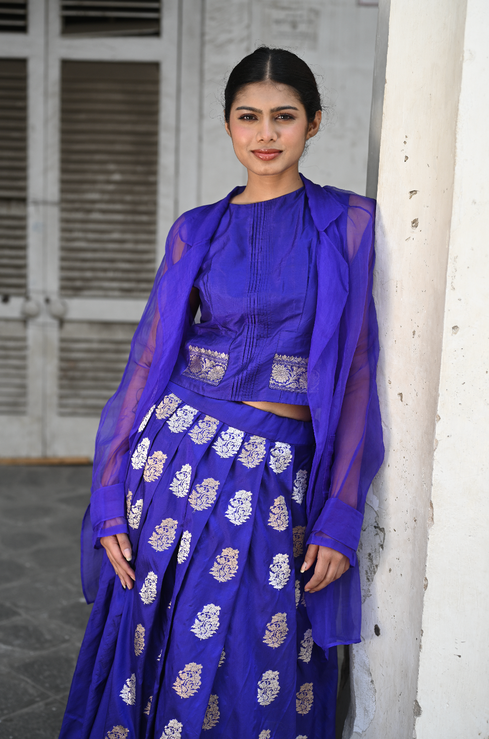 INK BLUE BANARASI TOP, SKIRT & JACKET SET