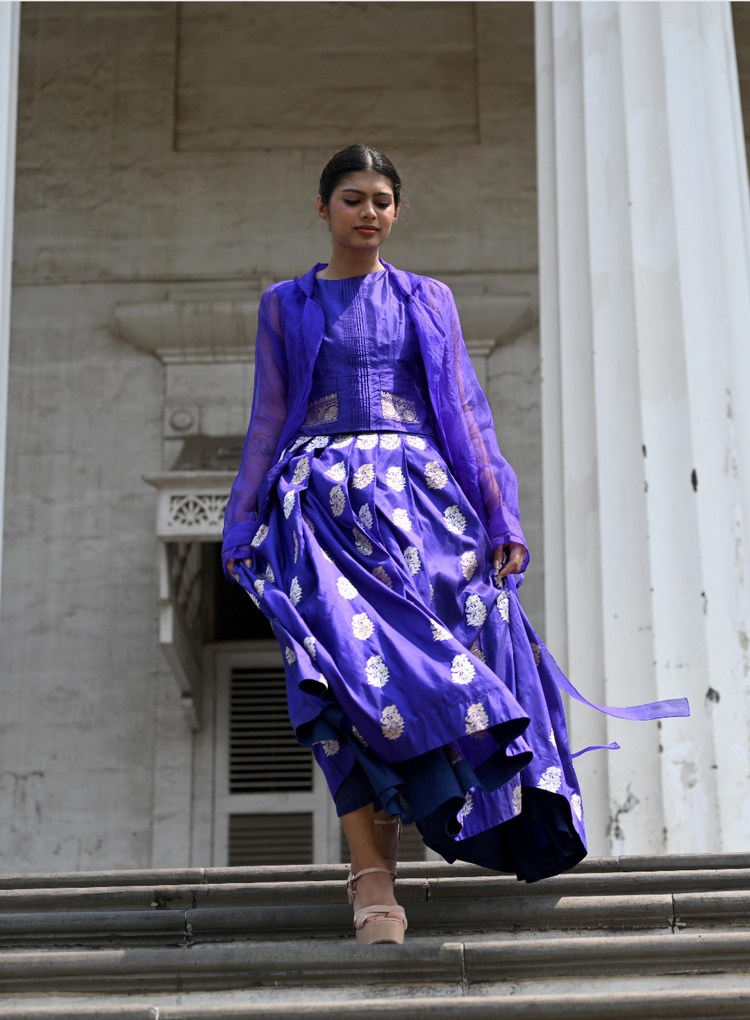 INK BLUE BANARASI TOP, SKIRT & JACKET SET