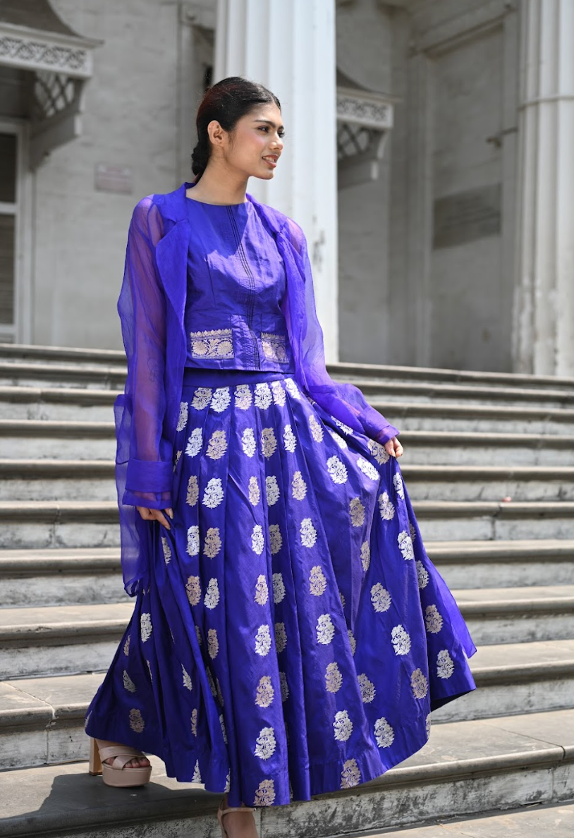 INK BLUE BANARASI TOP, SKIRT & JACKET SET