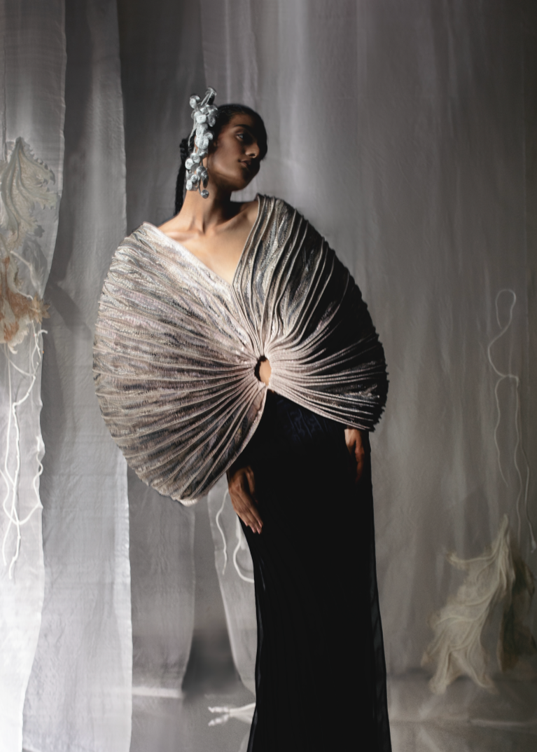 Silver Embroidered Flow Cape Top & Black Corded Trousers