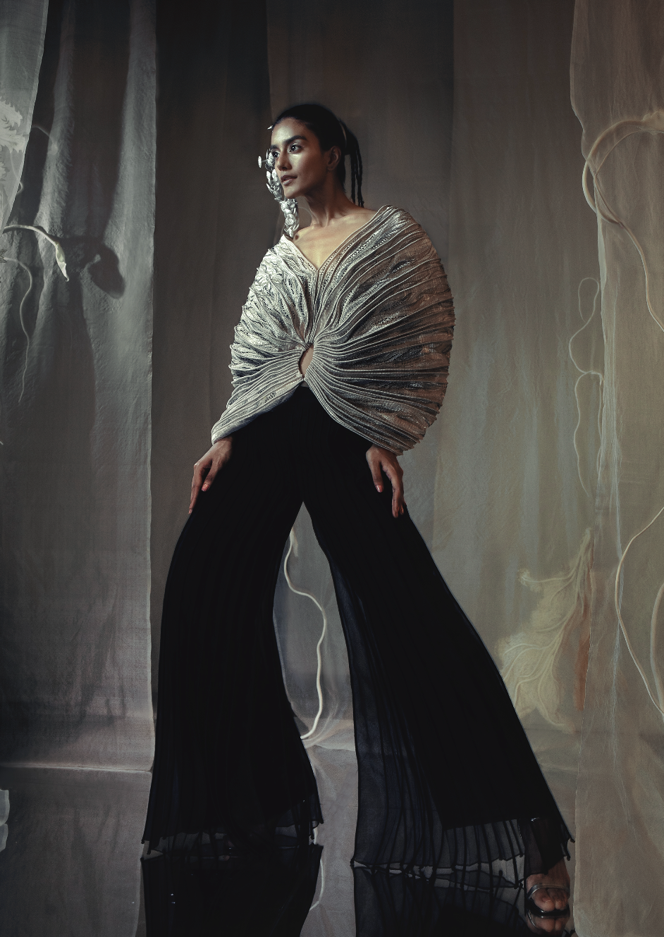 Silver Embroidered Flow Cape Top & Black Corded Trousers