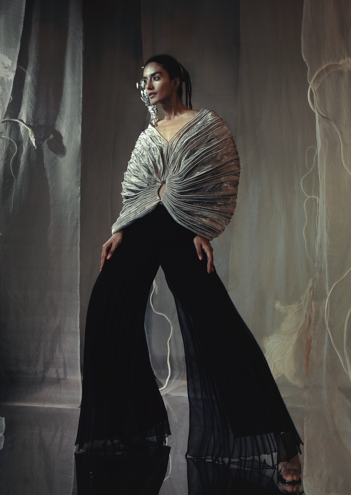 Silver Embroidered Flow Cape Top & Black Corded Trousers