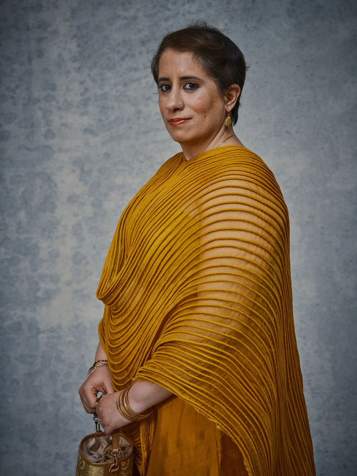 Mustard Corded Cape and Silk Skirt