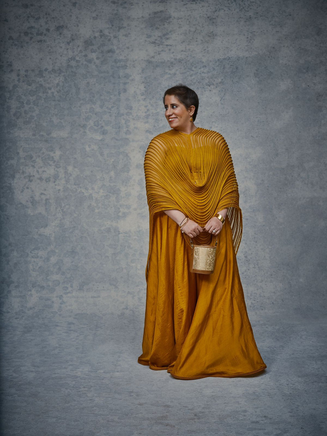 Mustard Corded Cape and Silk Skirt