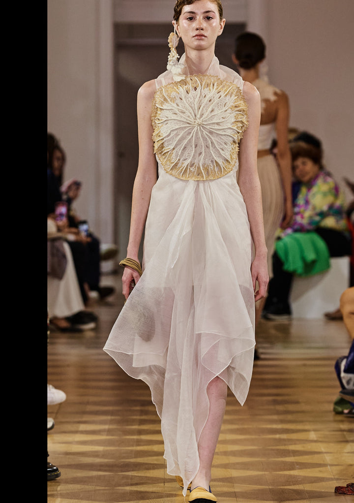 Off White Dress with Circular Coral Bodice