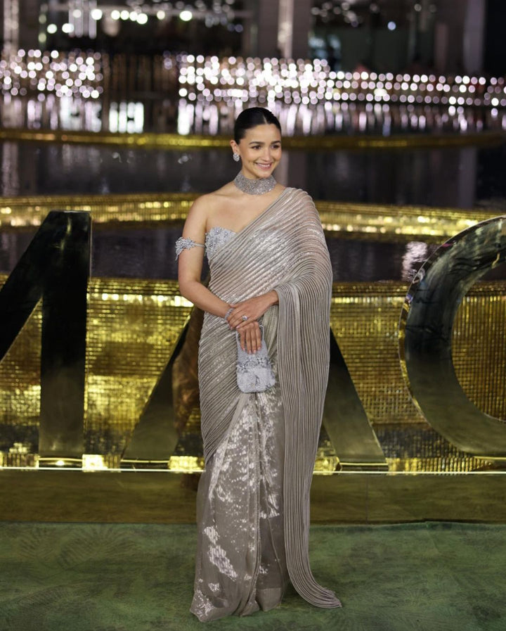 Metallic Silk Silver Saree & Bandeau Blouse