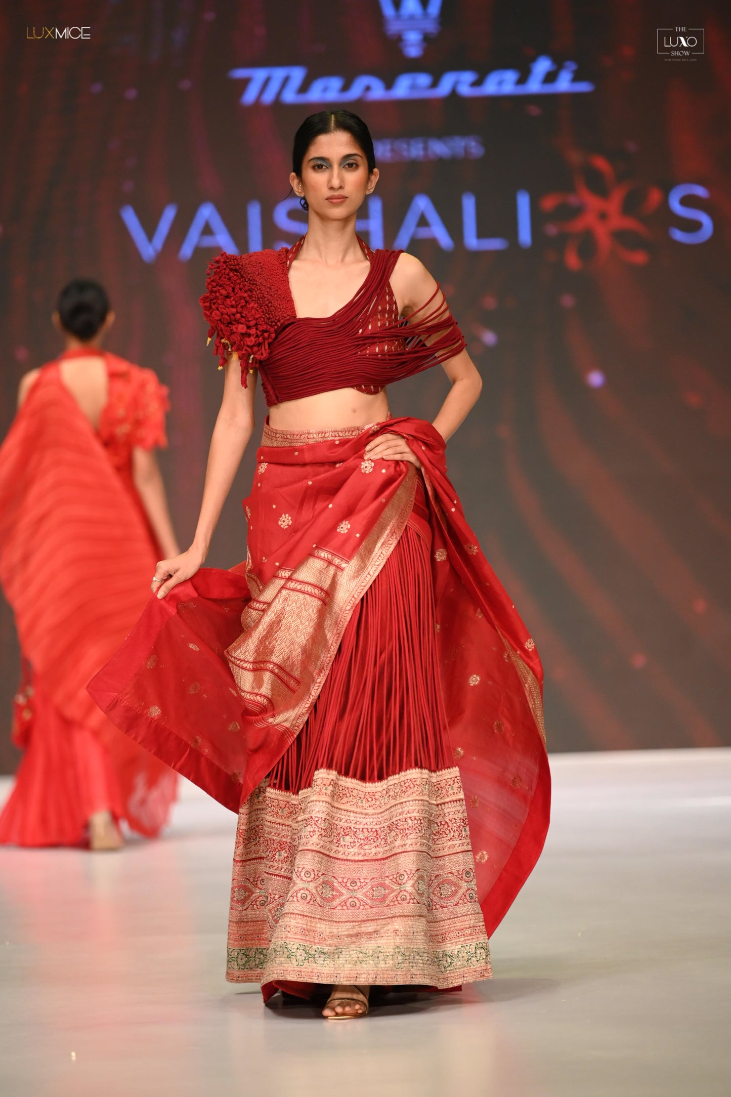 Maroon and Red Corded Lehenga Set