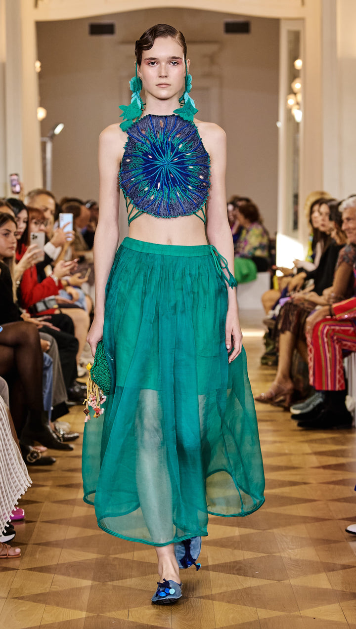 Turquoise Small Coral Top & Pleated Skirt