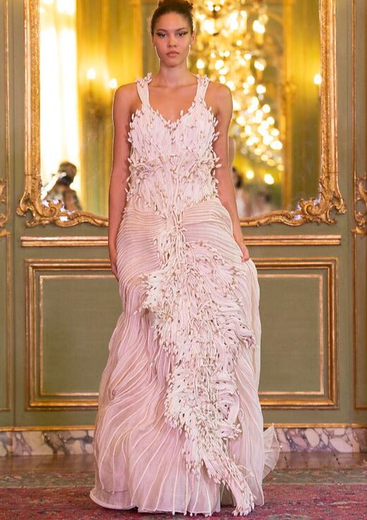 White Corded Gown With Golden Detailing