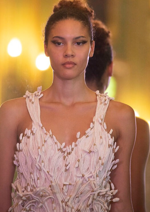White Corded Gown With Golden Detailing