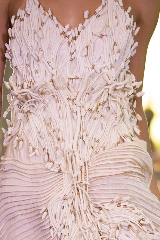 White Corded Gown With Golden Detailing