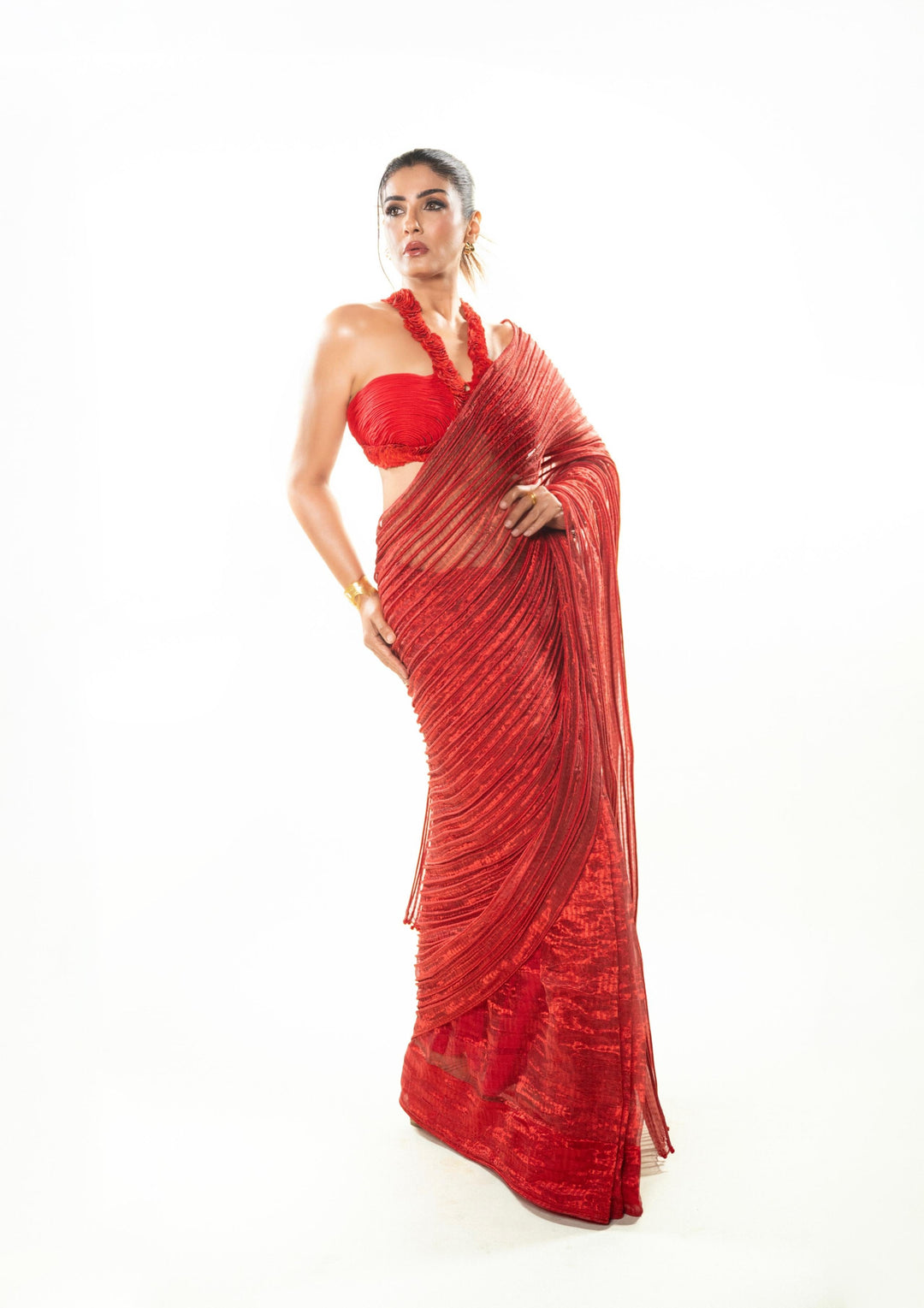 Raveena Tandon Metallic Red Saree