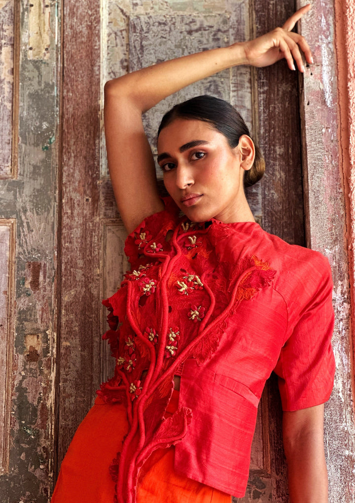 Red Coral Top with Gold Details