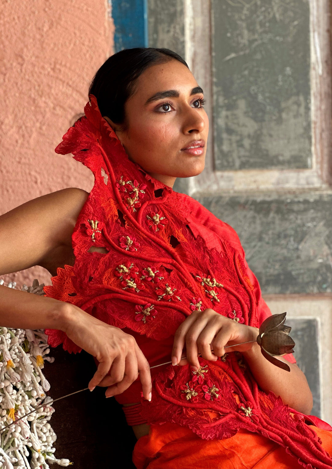 Red Coral Top with Gold Details