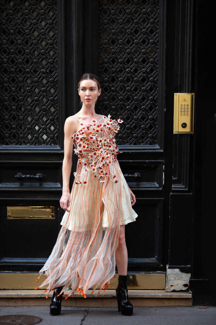 Orange & White Flared Top with 3D Floral Work