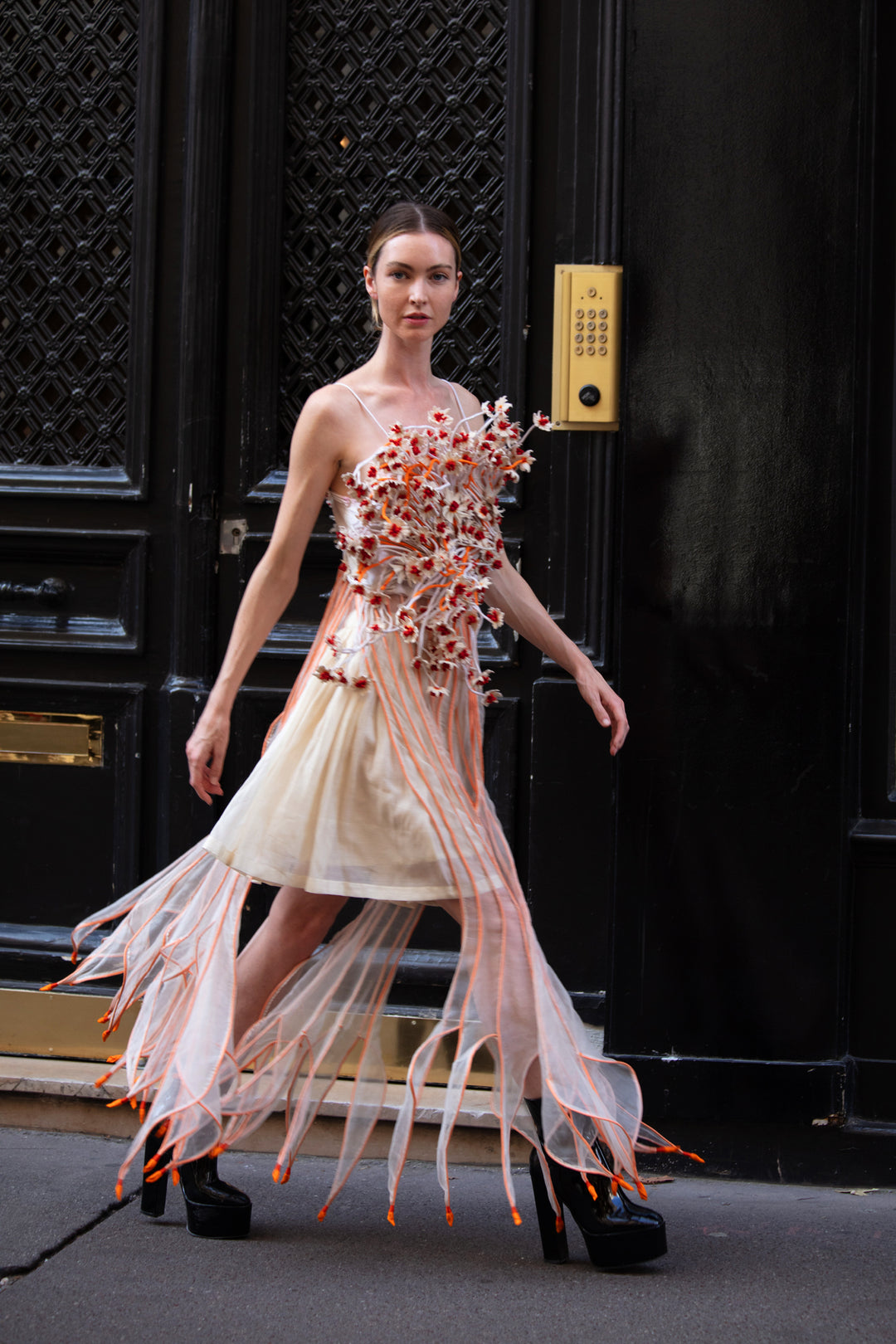 Orange & White Flared Top with 3D Floral Work