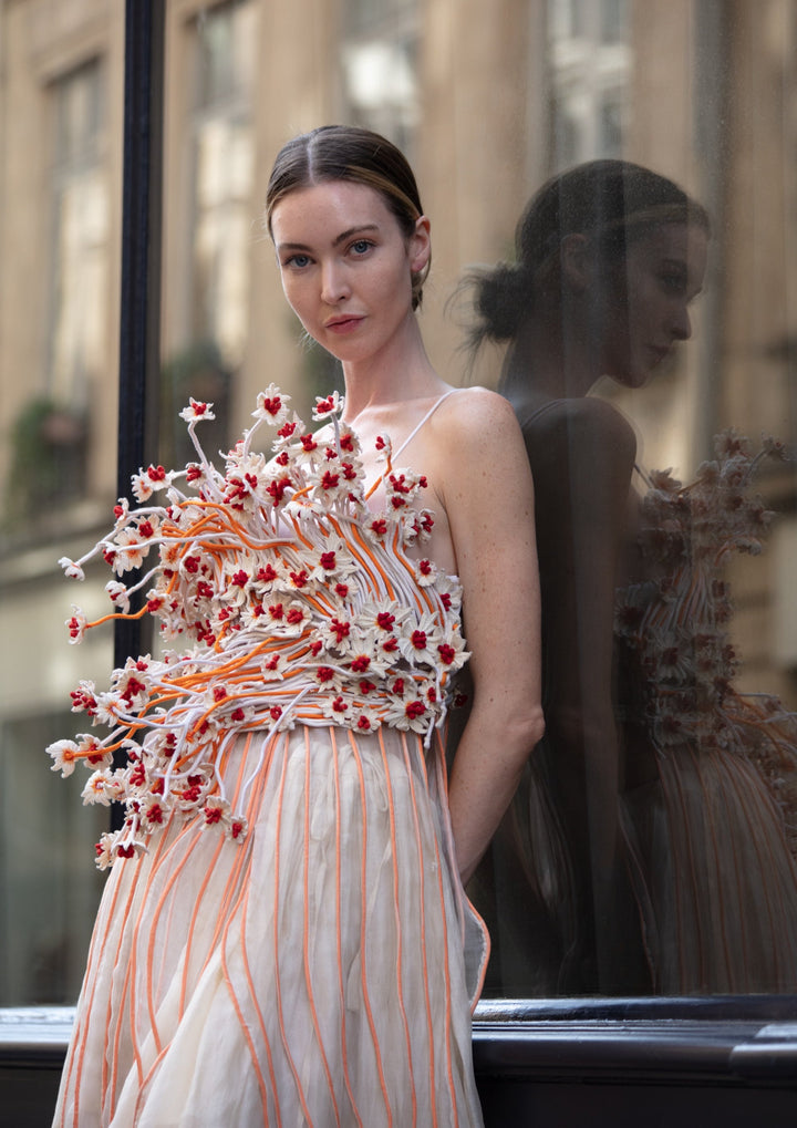 Orange & White Flared Top with 3D Floral Work