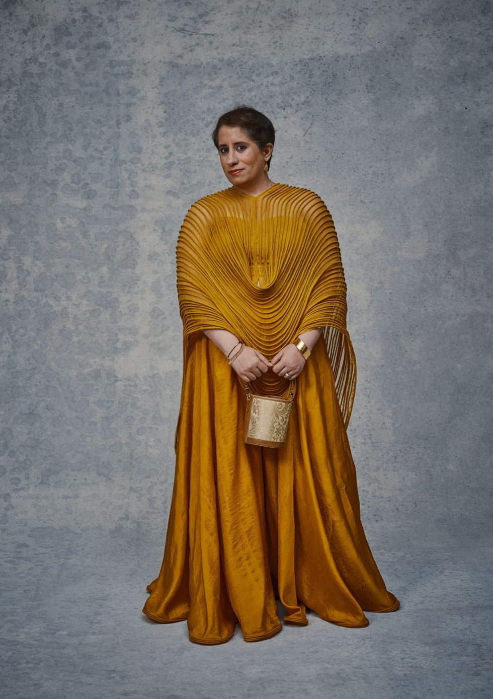 Guneet Monga - Mustard Corded Cape and Silk Skirt