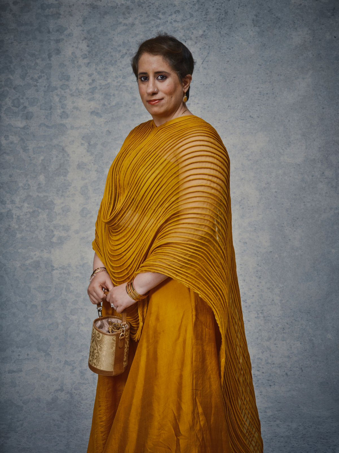 Guneet Monga - Mustard Corded Cape and Silk Skirt