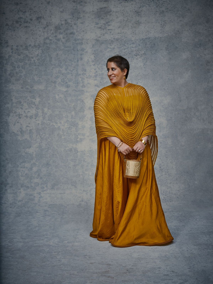 Guneet Monga - Mustard Corded Cape and Silk Skirt