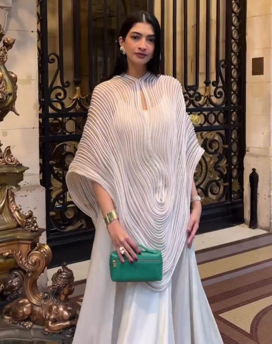 Hanna Khan - Off White Corded Cape and Skirt