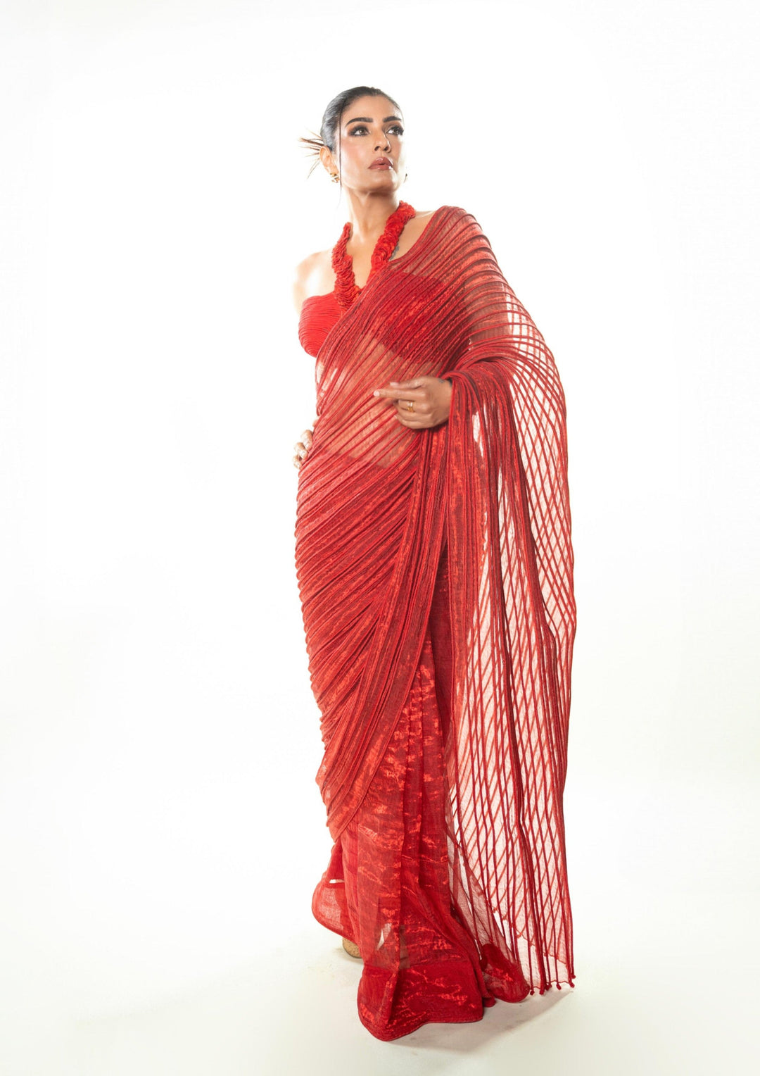 Raveena Tandon Metallic Red Saree