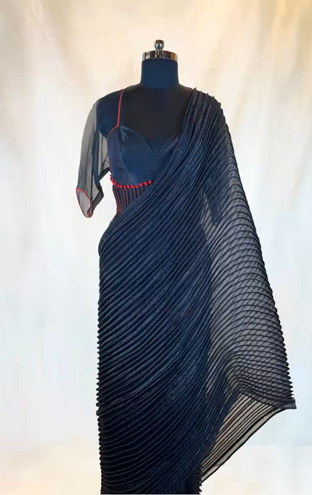 Black Metallic Corded Saree with Blouse