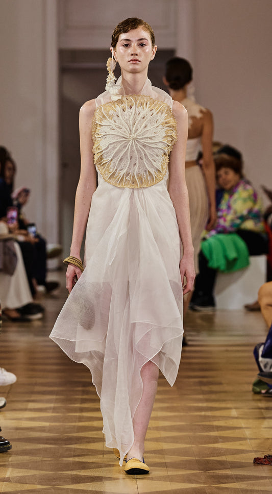 Off White Dress with Circular Coral Bodice