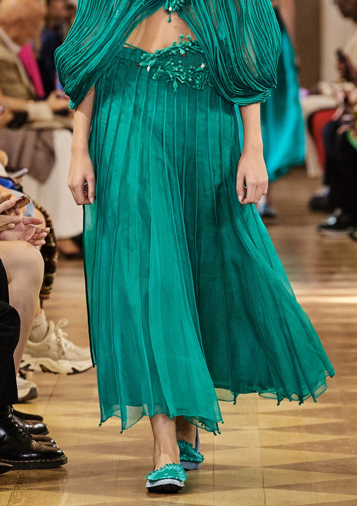 Turquoise Pleated Ankle Length Skirt