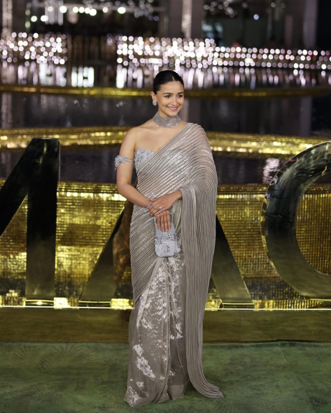 Alia Bhatt - Metallic Silver Corded Silk Saree with Floral Embellished Blouse